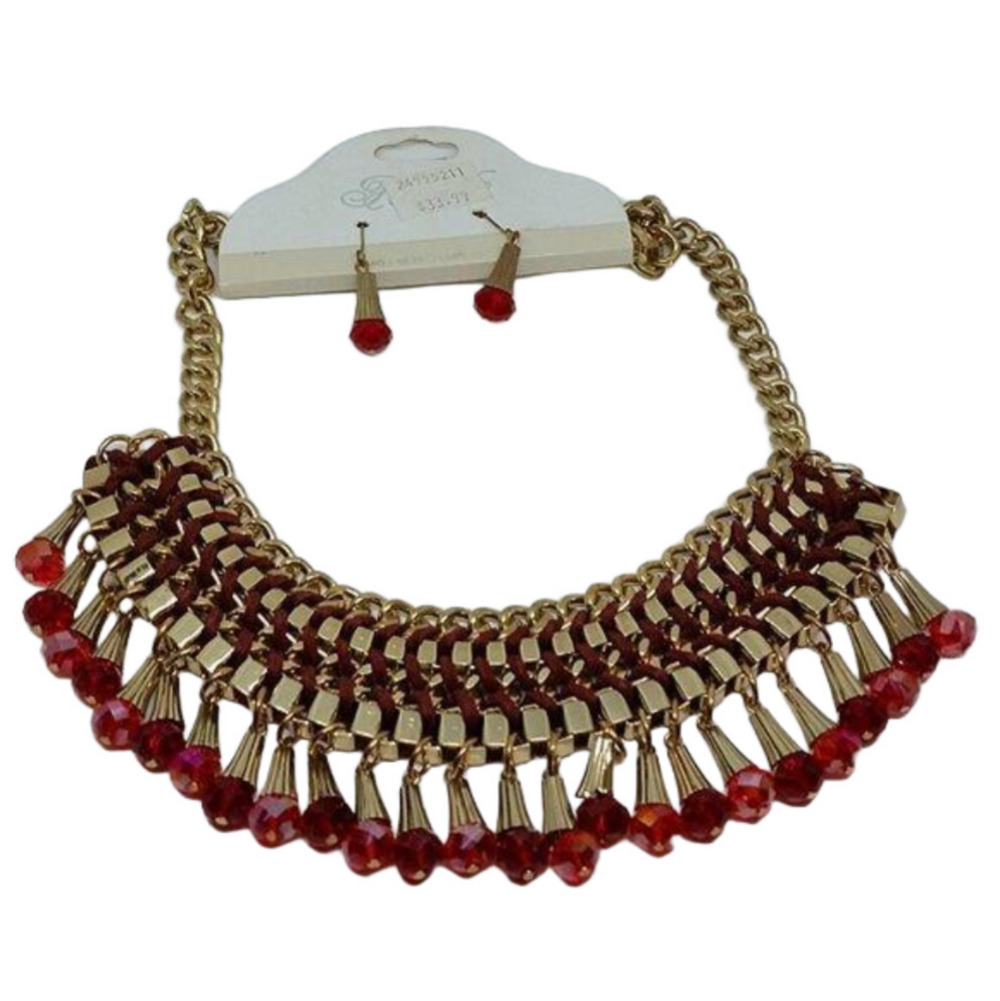 New Gold tone statement jewelry set necklace and earrings sparkling faux ruby